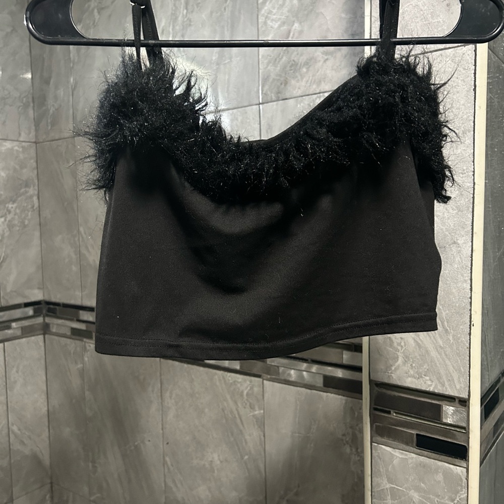 Black Fuzzy Trim Crop Top
